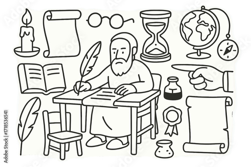 Ancient Scholar Doodle. Hand-drawn doodle illustration Ancient scholar writing table, scroll, quill, ink bottle, candle, glasses, book, hourglass, chair,