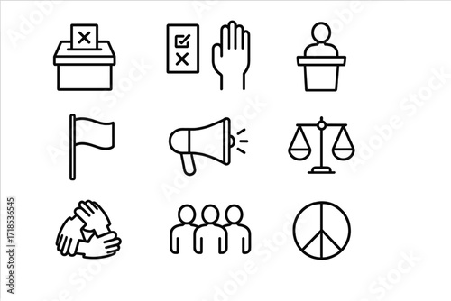 Youth Democracy Icons. Youth democracy. Line icon set of youth democracy: ballot box, voting paper, raised hand, podium, flag, megaphone, handshake, scales,