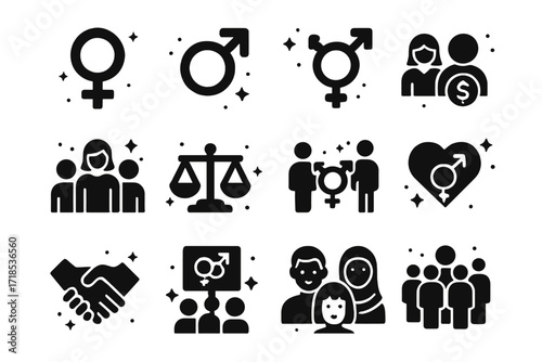 Gender Equality Icons. Gender Equality. Solid icons set of female symbol, male symbol, gender-neutral symbol, equal pay, diverse workplace, balance scale,