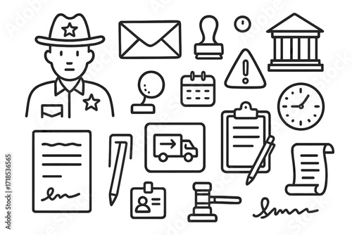 Legal Document Delivery. Hand-drawn doodle illustration Serving legal documents sheriff figure, envelope, stamp, courthouse, paper sheet, clipboard, pen,