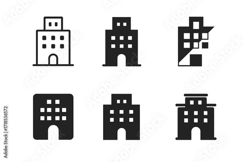 Hotel Logo Variations. Hotels. Set Logo of Hotels: Hotel building. harmonious logo variations of the same emblematic concept, each with different artistic