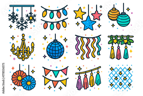 Festive Lighting Icons. Colorful isometric vector icons set of holiday lighting and ceiling decor: hanging snowflakes, string lights, glittery stars, lantern