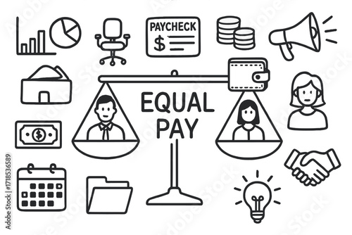 Equal Pay Concepts. Hand-drawn doodle illustration equal pay balance scale, man icon, woman icon, paycheck, wallet, coin stack, dollar bill, bar graph, pie