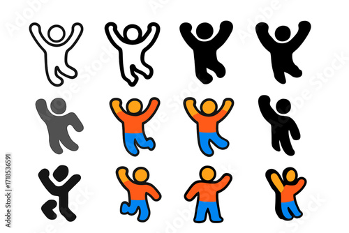 Joyful Jumping Emblems. Set Logo of Jumping for Joy: figure with fists raised in air. Logo set in vector style, emblematic variations. line, bold thick line,