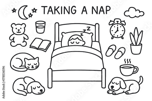 Nap Time Elements. Hand-drawn doodle illustration Taking a nap Bed, Blanket, Pillow, Teddy bear, Book, Glass of water, Alarm clock, Slippers, Cat, Dog, Plant,