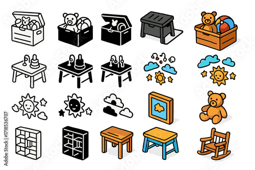 Kids Room Icons. Icon Set of Playroom Essentials: Toy Chest, Activity Table, Wall Decals. Icons set in vector style, emblematic variations. Toy Chest line, Toy