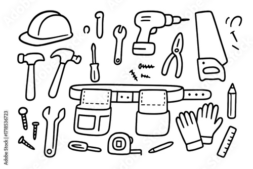 Construction Tools Doodle. Hand-drawn doodle illustration construction site tool belt helmet, hammer, drill, saw, screwdriver, wrench, pliers, tape measure,