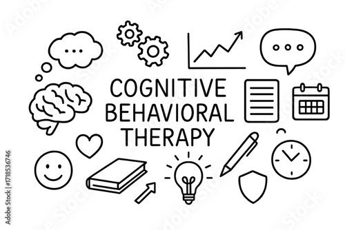 Cognitive Therapy Doodle. Hand-drawn doodle illustration Cognitive behavioral therapy [brain, thought bubble, gears, chart, notebook, pen, calendar, speech