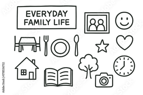 Family Life Doodles. Hand-drawn doodle illustration Everyday family life album [dinner table, plate, fork, spoon, photo frame, smile face, family silhouette,