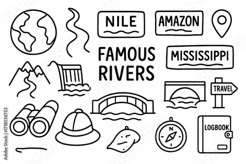 Famous Rivers Icons. Hand-drawn doodle illustration [famous rivers] [globe, river path, Nile icon, Amazon icon, Mississippi icon, mountain source, dam,