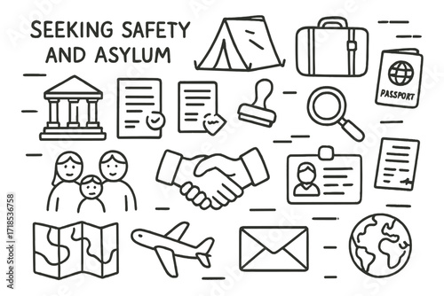 Asylum Journey Essentials. Hand-drawn doodle illustration Seeking safety and asylum, tent, passport, suitcase, government building, documents, stamp,
