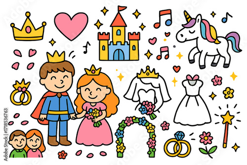 Fairy Tale Wedding. Colorful Hand-drawn doodle Children illustration Fairy tale wedding castle, tiara, heart, wedding gown, bouquet, prince, princess, rings,