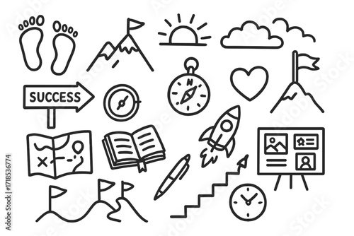 Journey to Success Icons. Hand-drawn doodle illustration [Personal success journey] footprints, mountain, rising sun, road sign, compass, heart, journal,