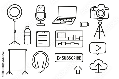YouTube Setup Doodles. Hand-drawn doodle illustration YouTube video setup ring light, microphone, laptop, camera, tripod, backdrop, water bottle, notepad,