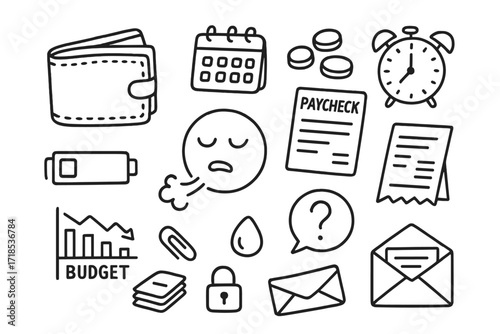 Paycheck-to-Paycheck Struggles. Hand-drawn doodle illustration paycheck-to-paycheck living empty wallet, calendar, coins, paycheck icon, receipt, sigh emoji,