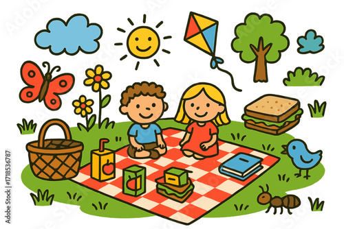 Cheerful Picnic Scene. Colorful Hand-drawn doodle Children illustration green field picnic blanket, basket, juice box, flowers, butterfly, cloud, sun, ant,