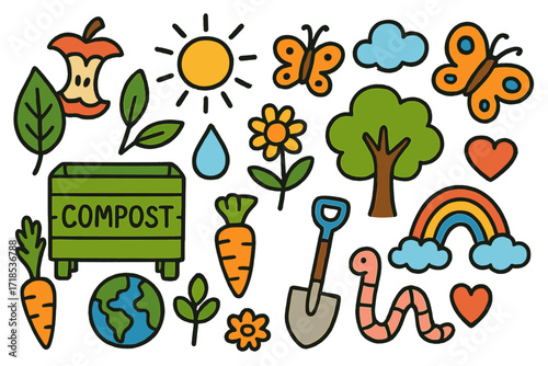 Doodle Composting Fun. Colorful Hand-drawn doodle Children illustration Composting and Recycling [compost bin, leaf, apple core, carrot top, flower, water
