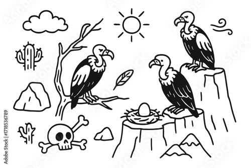 Vultures on Cliffs. Hand-drawn doodle illustration Vultures on cliffs [vulture, cliff, rock, mountain, feather, nest, egg, skull, bones, tree, cloud, sun, wind