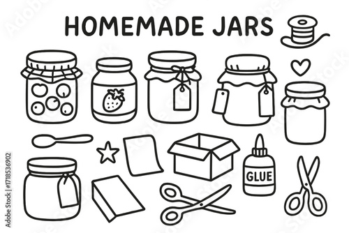 Homemade Jars Doodle. Homemade Jars. Hand-drawn doodle illustration homemade jars jar, lid, ribbon, bow, fruit, tag, spoon, paper, fabric, heart, star, box,