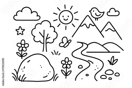 Nature Doodle Elements. Hand-drawn doodle illustration boulder in nature boulder, tree, mountain, river, sun, cloud, flower, bird, butterfly, grass, leaf,