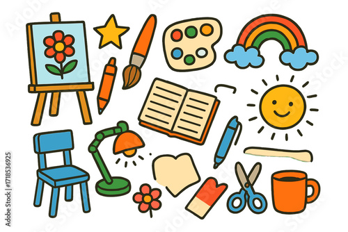 Art Supplies Doodle. Colorful Hand-drawn doodle Children illustration Open Art Space [canvas, easel, paintbrush, palette, marker, notebook, chair, lamp, mug,