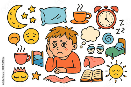Sleepy Child's Doodle. Colorful Hand-drawn doodle Children illustration headache and fatigue sleepy face, pillow, bed, tea cup, alarm clock, tired eyes, dizzy