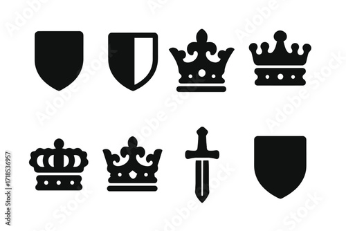 Noble Title Icons. Solid, filled icon set of baron titles and ranks: baron, count, duke, marquis, viscount, earl, knight, lord. Solid, filled icons in only