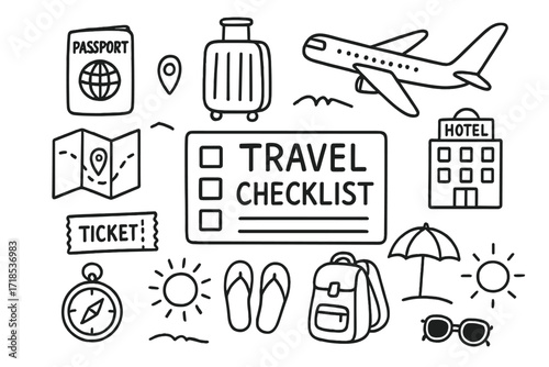 Travel Essentials Doodle. Hand-drawn doodle illustration Travel checklist, passport, suitcase, airplane, map, camera, hotel, ticket, backpack, sunglasses,