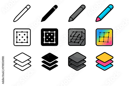 Isometric Icon Set. Icon Set of Digital Illustration Palette: Tablet stylus, Gradient mesh, Layer palette. Icons set in vector style, emblematic variations.