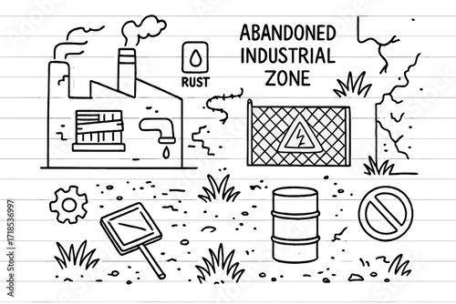 Abandoned Industrial Doodle. Hand-drawn doodle illustration [Abandoned industrial zone] [factory, broken pipe, boarded window, cracked wall, overgrown weeds,