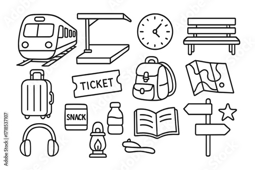 Train Station Doodles. Hand-drawn doodle illustration Train station essentials [train, platform, clock, bench, ticket, suitcase, backpack, map, snack, water