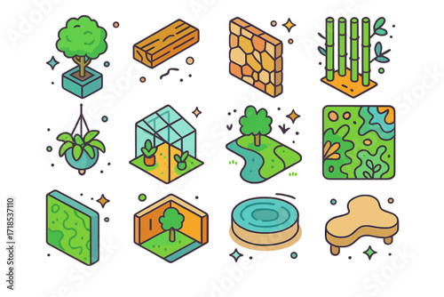 Biophilic Design Icons. Colorful isometric vector icons set of biophilic design elements: indoor tree planter, wooden ceiling beam, natural stone wall, bamboo