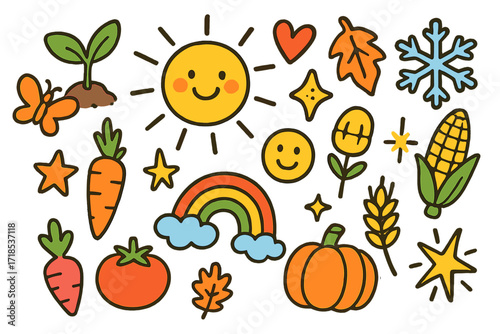 Seasonal Planting Doodle. Colorful Hand-drawn doodle Children illustration Seasonal Planting [spring sprout, summer sun, autumn leaf, winter snowflake, corn,