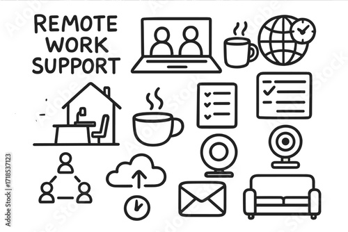 Remote Work Icons. Hand-drawn doodle illustration Remote work support laptop, video call icon, home desk, coffee mug, time zone globe, checklist, planner,