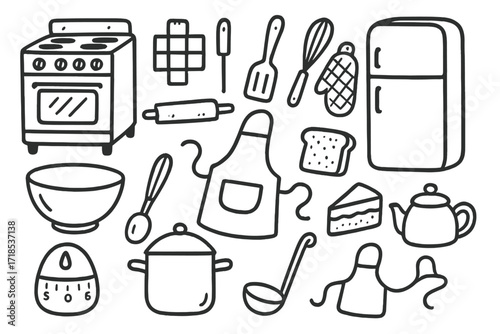Retro Kitchen Doodles. Hand-drawn doodle illustration Retro Kitchen Elements stove, fridge, mixing bowl, spatula, rolling pin, whisk, pot, oven mitt, timer,