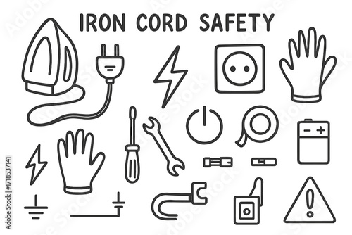 Iron Cord Safety Doodles. Hand-drawn doodle illustration [Iron cord safety] [iron cord, plug, socket, gloves, lightning bolt, power symbol, insulation tape,