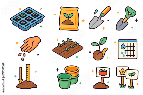 Colorful Planting Icons Set. Colorful isometric vector icons set of planting and sowing: seedling tray, soil bag, planting shovel, trowel, hand dropping seeds,
