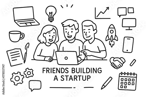 Startup Icons Doodle. Hand-drawn doodle illustration [friends building a startup together] [laptop, coffee cup, notebook, lightbulb, graph, smartphone,