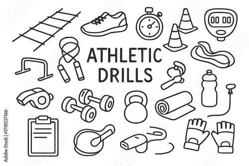 Athletic Drills Doodle. Hand-drawn doodle illustration [athletic drills] [agility ladder, sneakers, stopwatch, cones, hurdles, jump rope, dumbbell, resistance