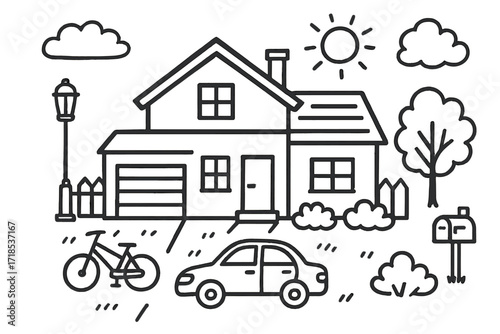 Contemporary Home Doodle. Hand-drawn doodle illustration [black contemporary home] [windows, door, roof, chimney, garage, driveway, fence, tree, lamp post,