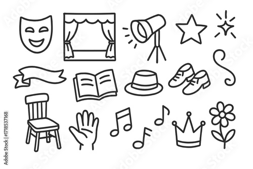 Performance Art Doodles. Hand-drawn doodle illustration Performance artist mask, stage, spotlight, star, spark, ribbon, book, hat, shoes, chair, hand, music