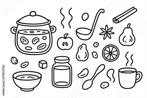 Winter Compote Essentials. Hand-drawn doodle illustration winter compote pot, ladle, cinnamon stick, star anise, dried apple, dried pear, dried plum, raisin,