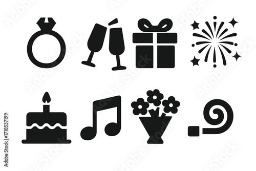 Aristocrat Celebration Icons. Solid, filled icon set of aristocrat celebrations: wedding ring, toast glass, gift box, fireworks, cake, music notes, bouquet,