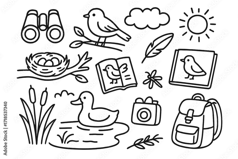 Obraz premium Birdwatching Doodle. Hand-drawn doodle illustration [Bird watching by the pond] [binoculars, bird, duck, notebook, tree, branch, nest, feather, pond, cloud,