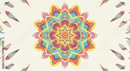 A vibrant, symmetrical mandala with a colorful kaleidoscopic pattern and watercolor brushstrokes on a textured cream background.
