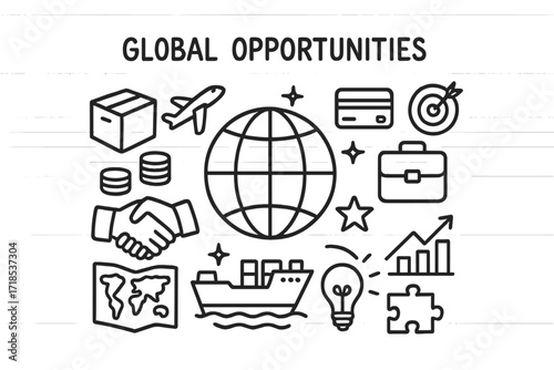 Global Trade Icons. Hand-drawn doodle illustration Global opportunities globe, airplane, cargo ship, box, coins, handshake, map, credit card, target, star,
