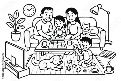 Family Game Night. Hand-drawn doodle illustration [Family spending time together at home] [sofa, coffee table, TV, board game, puzzle, family members, books,