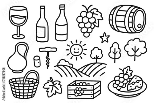Vineyard Celebration Doodles. Hand-drawn doodle illustration Vineyard celebration wine glass, wine bottle, grape cluster, barrel, jug, basket, corkscrew, cork,