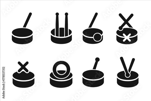Percussion Icon Set. Solid, filled icon set of fill dynamics: soft fill, loud fill, accented fill, ghost note fill, muted fill, open fill, rim shot fill, flam