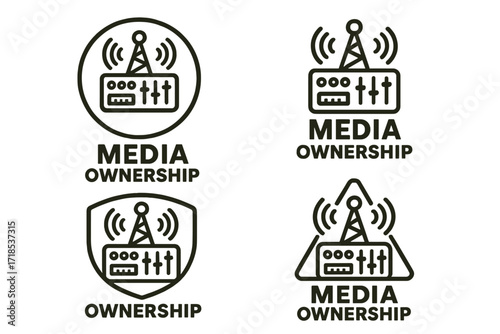 Media Ownership Emblem. Set Logo of Media ownership: central control hub with data feeds. Logo set in vector style, emblematic variations.